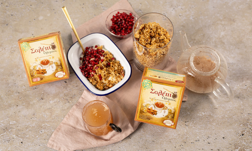 Granola με βρώμη, αμύγδαλα, σουσάμι και Σαλέπι Όλυμπος